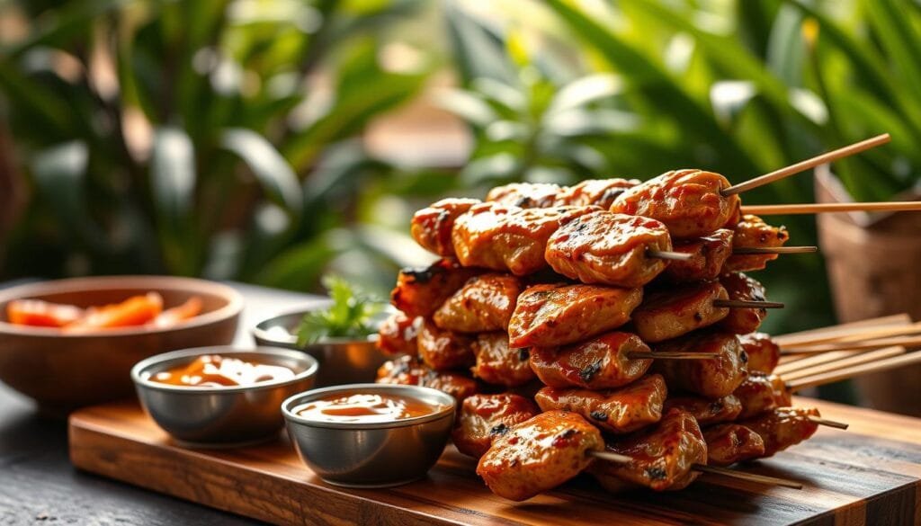 Indonesian satay grilled skewers with satay sauce Indonesian satay grilled skewers with satay sauce